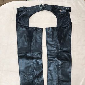 Black, women's leather chaps with braid detail